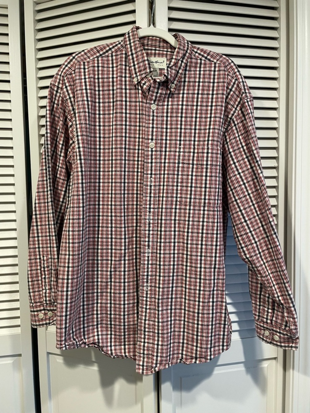 Eddie Bauer Men's Red and White Plaid Button-Down Shirt - Thick Heavy Duty